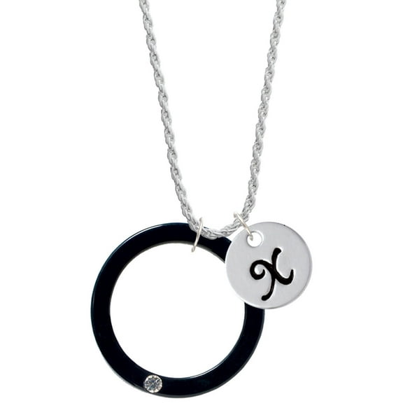 Delight Jewelry Acrylic 1 1/2" Ring with 4mm Crystal Black Silvertone Script Initial Disc - X - Charm Necklace, 20"+3"