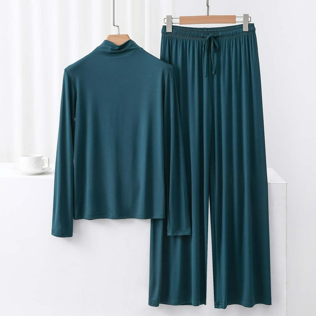 TACILIP Ensembles 2 Pcs pour Femmes Ensembles de Détente d'Été Tenues Col Haut Manches Longues Hauts Pantalons Larges Pyjamas pour Femmes Ensemble