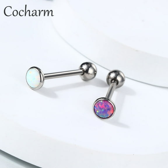 2PCS Tongue Rings G23 Titanium Blue Purple Opal 14G 16mm Piercing Jewelry