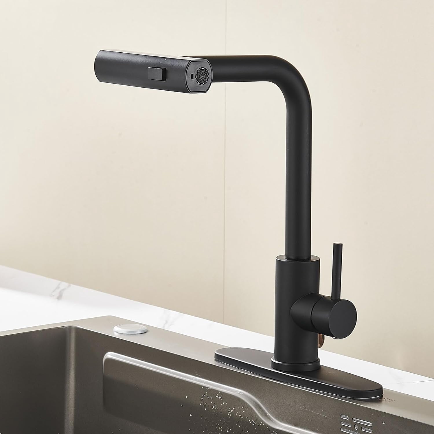 Kitchen Faucets with Pull Down Sprayer Matte Black, 3 Mode Kitchen Sink Faucet with Deck Plate for Farmhouse RV Vessel Basin