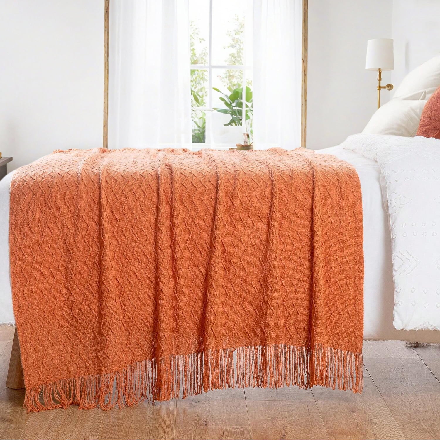 Battilo Burnt Orange Throw Blanket for Couch Bed,Fall Throws with Tassels,Halloween Blanket,50"x60"