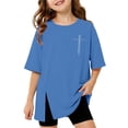 thumbnail image 2 of Girls Short Sleeve T Shirts Blue Oversized Crew Neck Side Split Tops Loose Fit Casual Basic Summer Tees 8-9 Years, 2 of 5