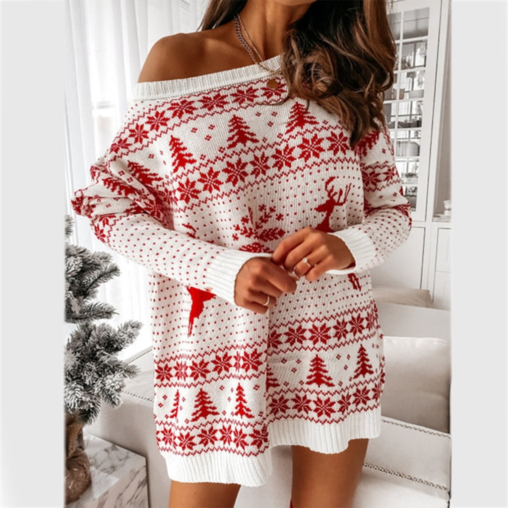 Womens Christmas Sweater Dress Holiday Party Snowflake Jacquard Oversized  Long Sleeve Crewneck Pullover Knit Tunic Top - Walmart.com