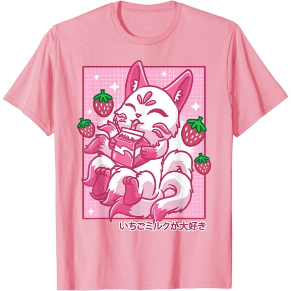 Kitsune Japanese Anime Fox Kawaii Strawberry Milk Unisex T-Shirt for Men Women Kids