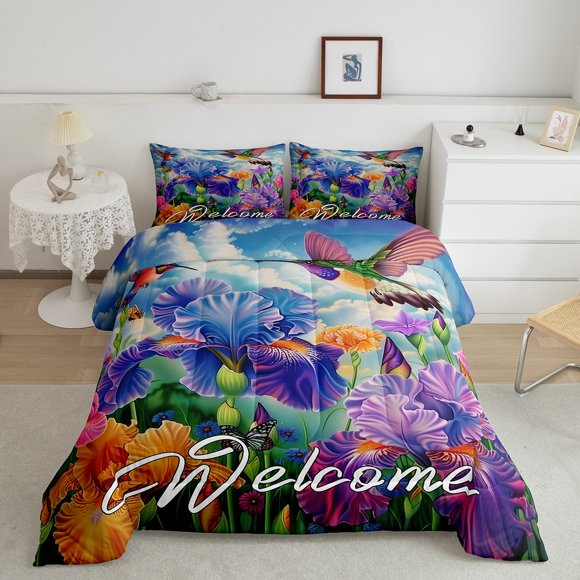 YST Tropical Hummingbird Bedding Sets Queen Purple Iris Flower Comforter Set For Kids Girls Women Cute Bird Butterfly Bed Comforter Set Farmhouse Garden Blossom Floral Quilt Duvet