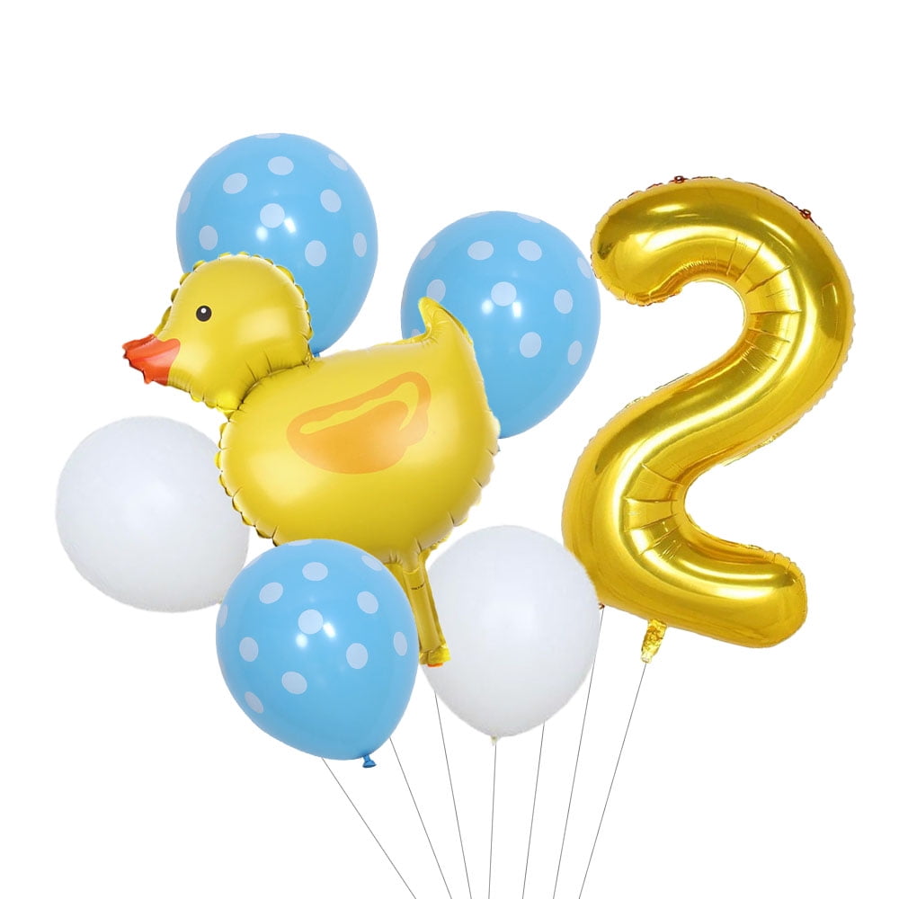Small yellow duck-shaped floating air balloon sets with digital balloons for birthday party decoration.