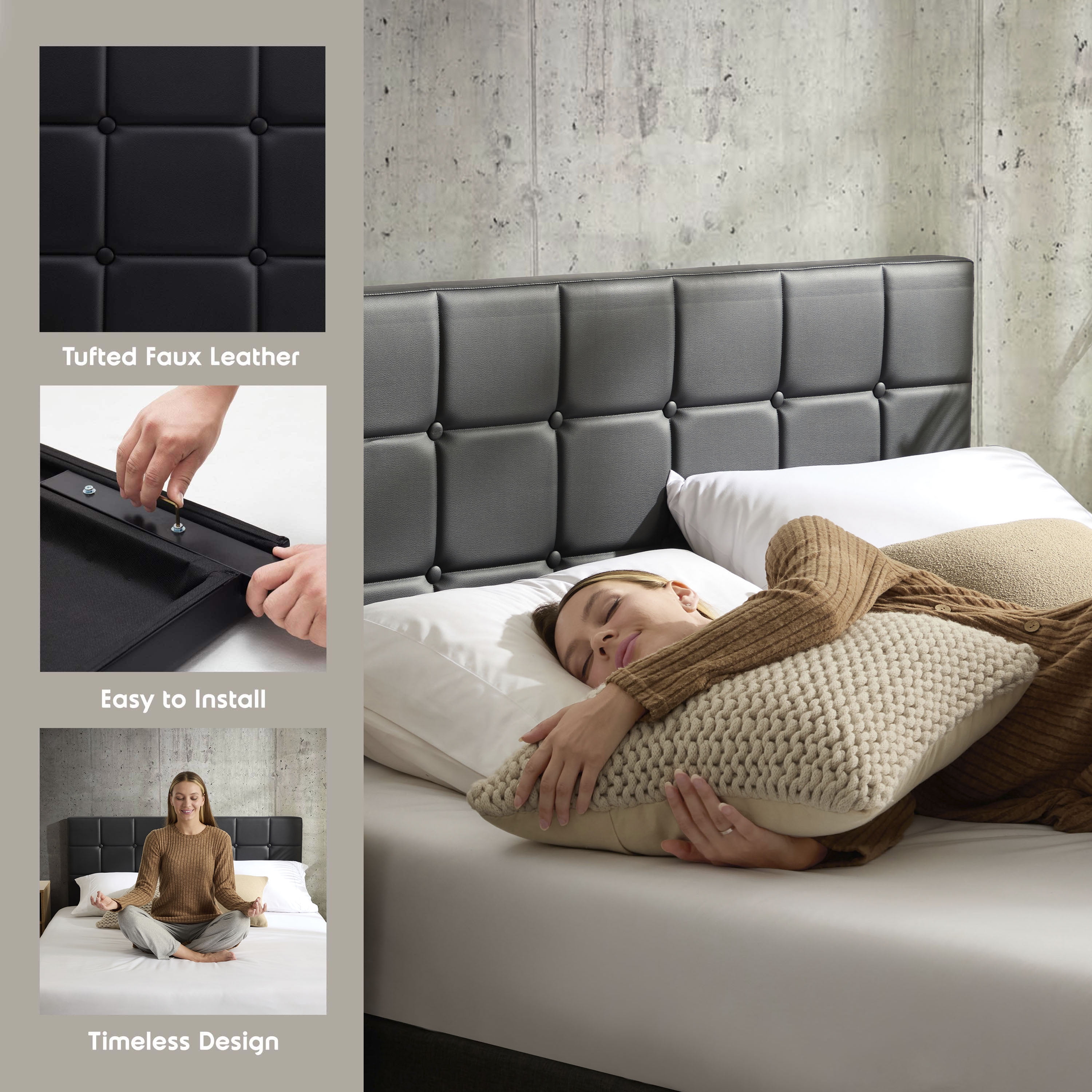 LammaLoe Faux Leather Button Square Tufted Full Headboard with Adjustable Height, Black, Full