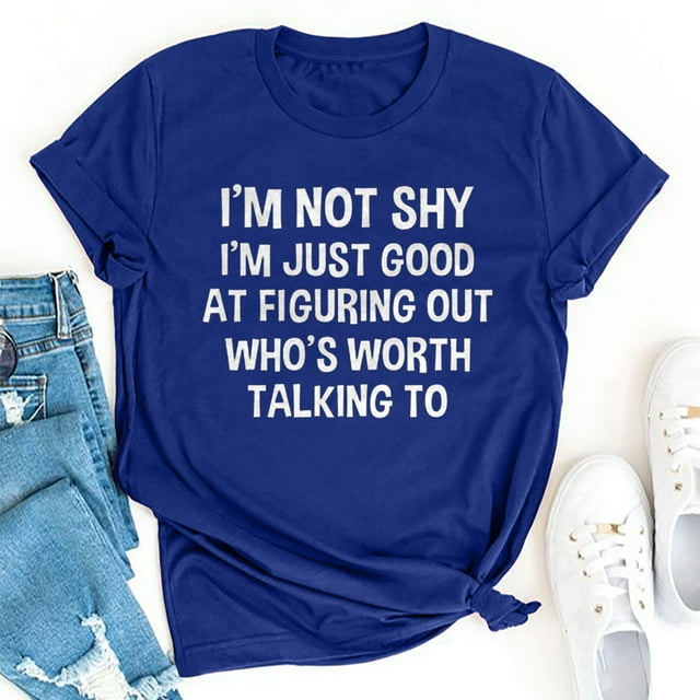 RXIRUCGD Hauts de Sortie pour Femmes Mode Été Ample Col Rond Imprimé Lettre Manches Courtes T-Shirt Bleu