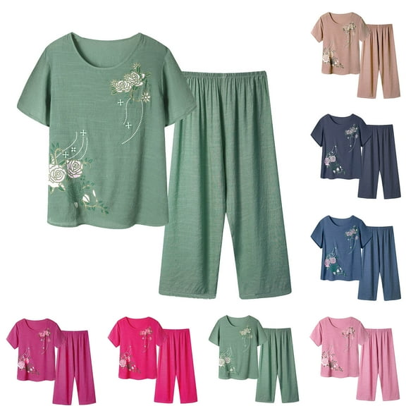 BiZtdJrK Womens Cotton Linen Pajama Sets Floral Print Plus Size Casual Sleep Set Short Sleeve Tops and Pants Lounge 2 Piece Outfits on sale prime clearance Green XXXL