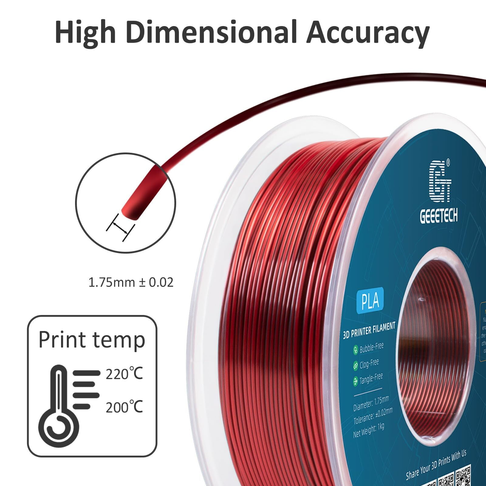 Geeetech 5pcs anti-pulling type 3D Printer PLA Filament 5KG（11ibs） Toughness Enhanced Filament with 1.75mm Dimensional Accuracy +/-0.03mm, Vacuum Packaging Two-tone black and red