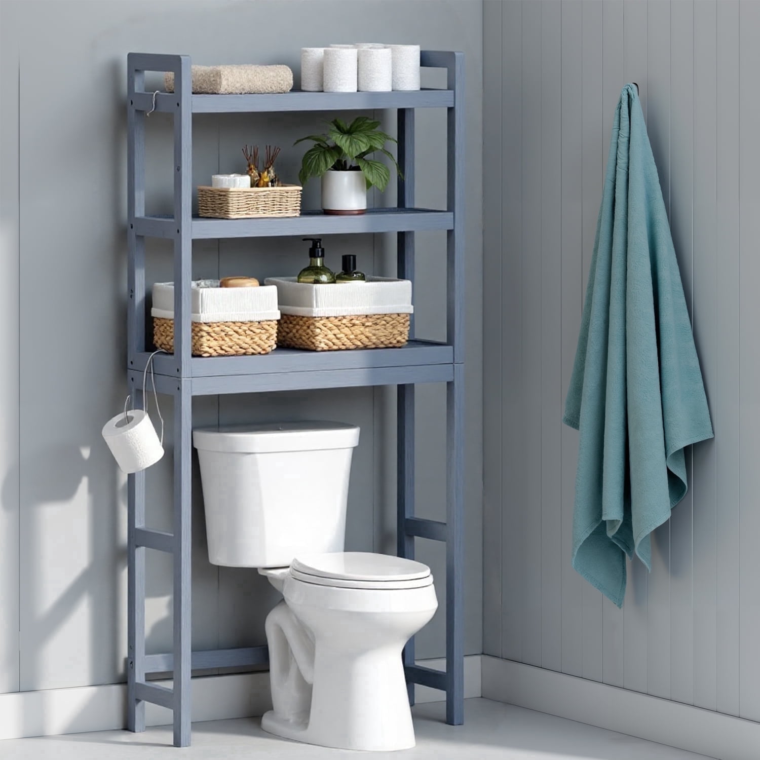 LEDREM over the Toilet Storage Shelf, 3-Tier Bathroom Organizer Adjustable Saver Space Rack with Toilet Paper Holder,Gray