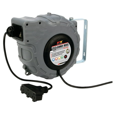 Performance Tool W2273 50ft 16 Gauge, Retractable Cord Reel with Guided Return - Install On Ceiling, Wall, Floor, or Workbench