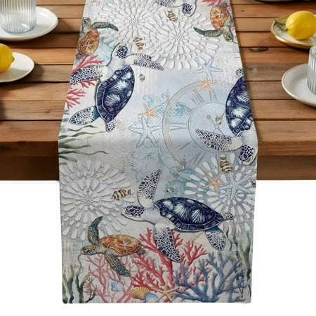 Coastal Sea Turtle Table Runner, Nautical Ocean Starfish Coral Vintage Kitchen Table Runners Dress Scarves for Table Decorations Party/Restaurant/Indoor Outdoor Use, 13x36in