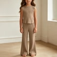 thumbnail image 5 of THDHVS Girls Fall Outfits,Girls Ribbed Sleeveless Round Neck Top Wide Leg Pants Summer Stretchy Casual 2 Piece Set,Toddler Girl Outfits Khaki 5-7 Years, 5 of 8