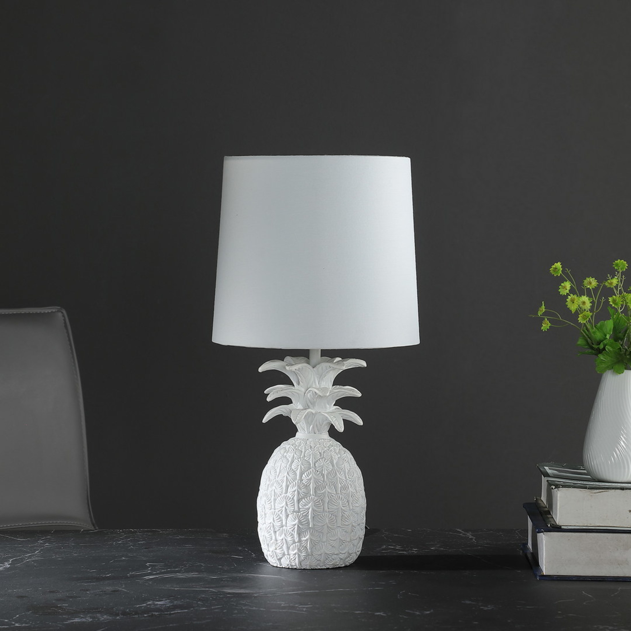 Noble House 17" Coastal Pineapple Table Lamp, Cottage Polyresin Base, White Drum Shade, E26 Light Bulb, White