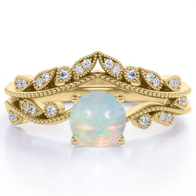 JeenMata Anillo de Novia de Banda Curva con Ópalo de Roca y Moissanita de Forma Redonda de 1 Quilate en Forma de V - Chapado en Oro Amarillo de 18 K sobre Plata