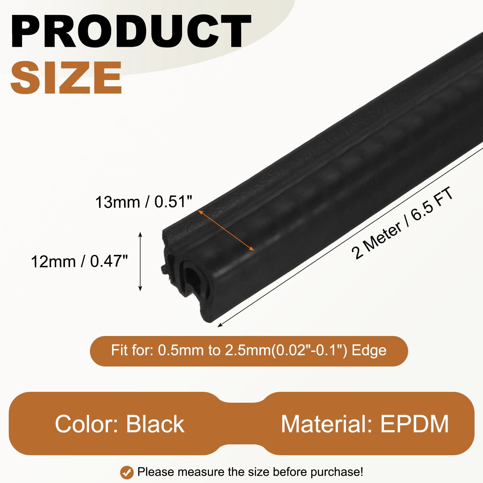 Door Weather Stripping 6.5FT, 13mm W x 12mm H EPDM Car Door Rubber Edge Trim Seal Strip Gasket with Side Bulb Fit 0.5mm to 2.5mm Edge for Electrical Cabinet Car Boat Truck, Black