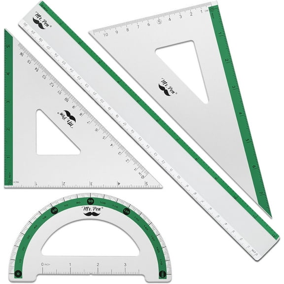 Mr. Pen- Geometry Set, Green Stripes, 4 Pack, Metal Geometry Kit, Triangle Ruler, Metal Ruler, Drafting Triangles, Metal Protractor, Metal Set Square, Drafting Ruler, Drafting Set