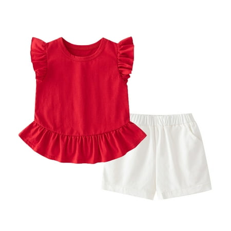 

Kids Toddler Baby Girls Summer Clothes Spring Summer Solid Cotton Ruffle Sleeveless Tops Shorts Outfits Clothes Kids Clothes