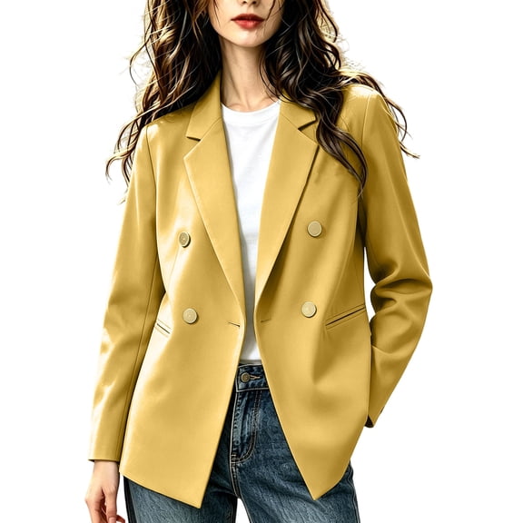 LAJPXKHY Blazer for Women Lapel Collar Double Breasted Open Front Long Sleeve Lightweight Work Office Jackets(X-Large,Yellow)