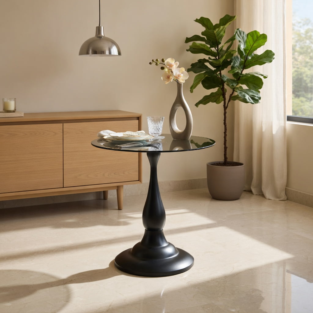 Hommoo Vintage Matte Round Side Table with Tempered Glass Top, 20.3" H, 19.6" Diameter, Sturdy Metal Base for Bedroom, Living Room, or Patio, Black