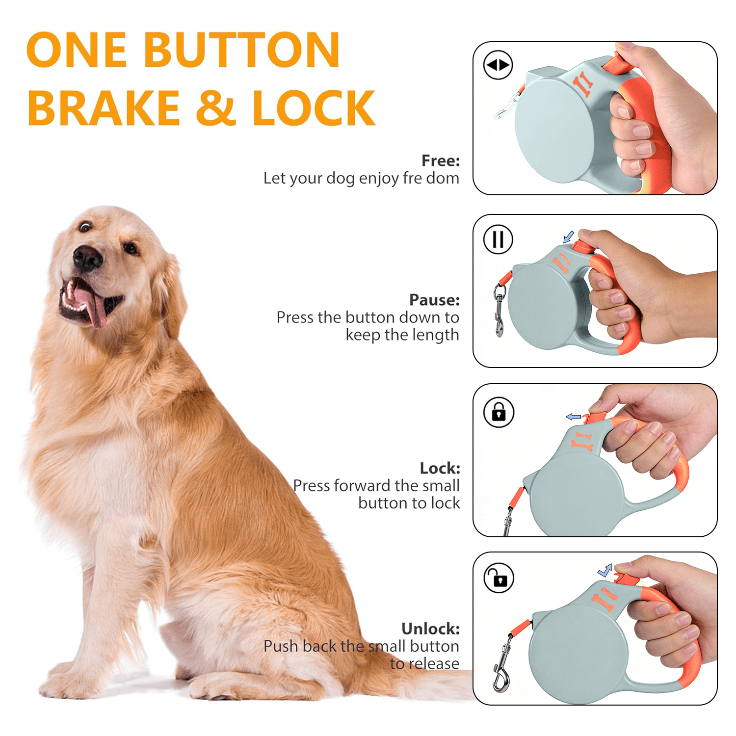 Anvet Adjustable Dog Walking Tape Retractable Dog Leash 16.4ft Light Weight Tangle-Free Lead with One-Hand Brake & Anti-Slip Grip, for Dogs up to 110 lbs (Large)
