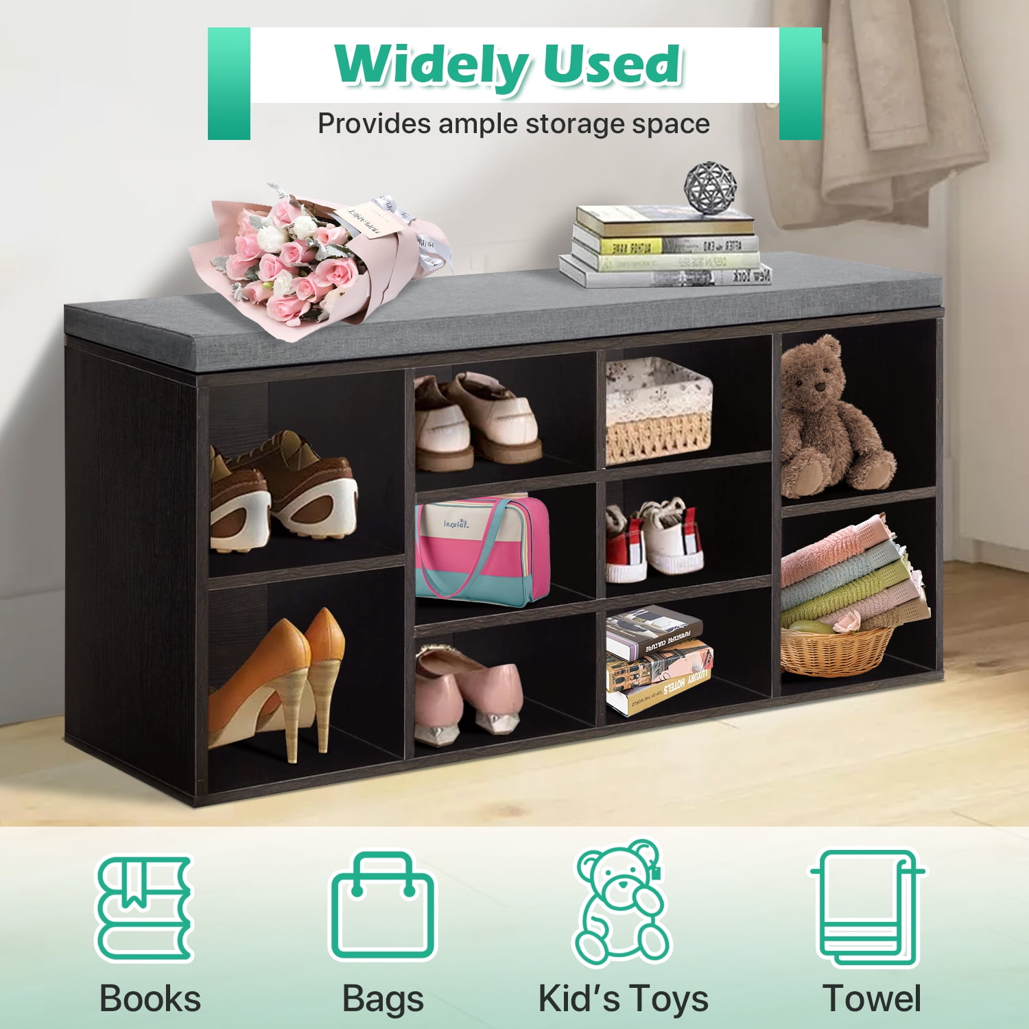 Dkelincs Shoe Bench with Shoe Storage Shoe Rack Organizer 10 Compartments Storage Bench with 1.2 inch Cushion Adjustable Shelves for Entryway,Living Room,Bedroom (Black)