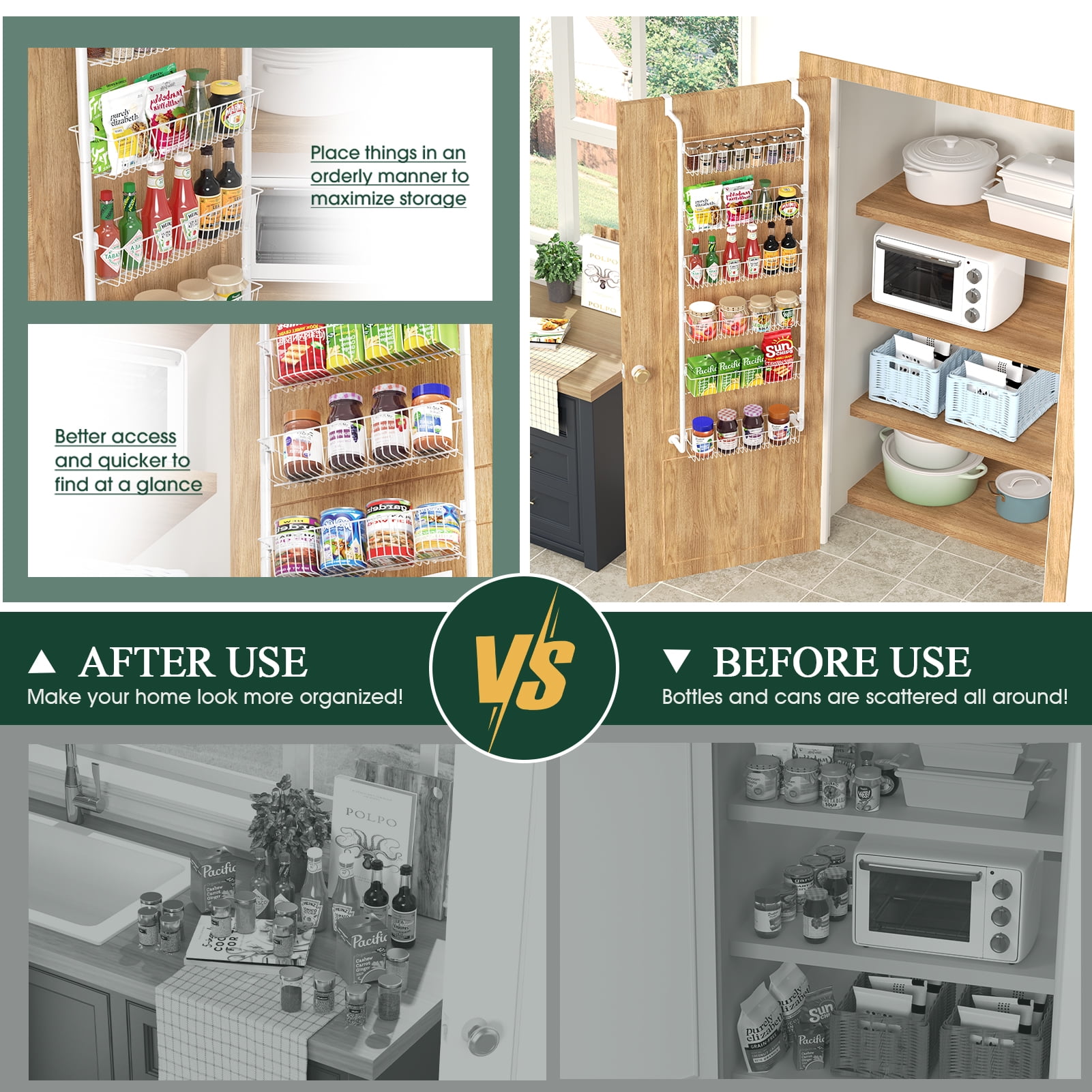 Yeabett 6-Tier Over the Door Pantry Organizer, Larger Baskets Metal Pantry Organization and Storage, Door Back Hanging Space Saver for Kitchen, Laundry, Bathroom, White