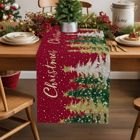 Christmas Tree Falling Snow on Red Table Runner 13x70in Non-Slip Cotton Linen Table Runners Gold Xmas Tree Watercolor Dresser Scarves TableRunner for Dinner Kitchen Dining Wedding Party