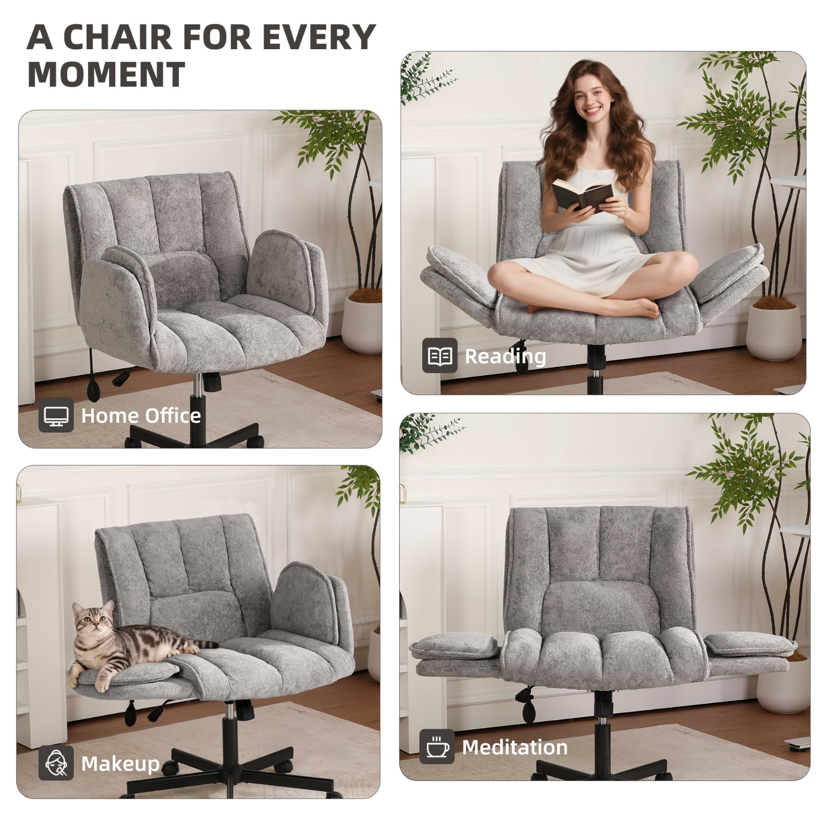 Cross Legged Office Chair with Wheels & Dynamic Airbag Lumbar Support, Criss Cross Wide Seat, 5-Position Fold-Down Armrests, Swivel Vanity Chair for Home Office, Gray