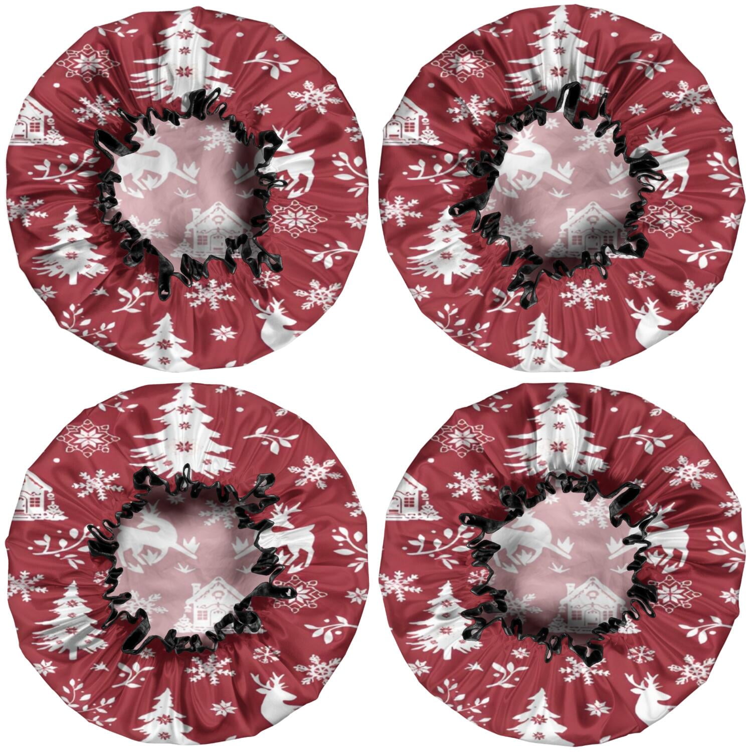 Shower Caps,Red Christmas Tree and Deer Pattern Waterproof Shower Cap for Women 4 Pieces,Double Reusable Hair Cover for Shower PEVA Elastic Stretch Hem