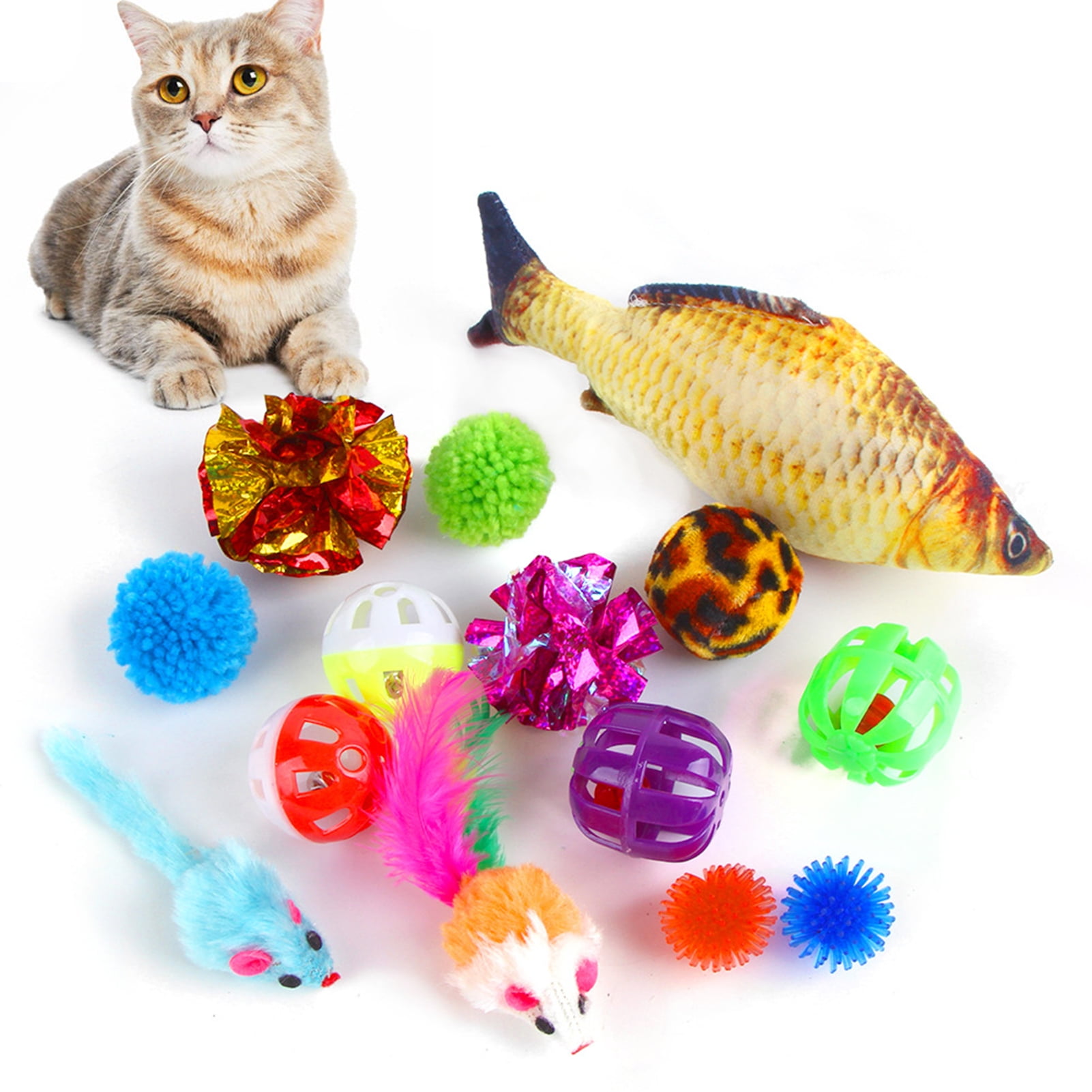 4 Pcs Cat Toys Mouse Fish Ball Feather Toy Funny Pet Teaser Catnip Toy 