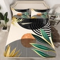 thumbnail image 2 of Manfei Beige Black Green Minimalist Full Size Sheets 4-Piece, Contemporary Geometric Bed Sheets, Leaves Sun Print Sheet Sets, Luxury Bedroom Decor, 2 of 7