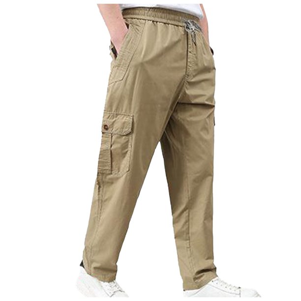 Pantalones cargo de senderismo para hombre - Cintura elástica con cordón - 6 bolsillos, corte holgado - Ropa deportiva/de exterior/casual