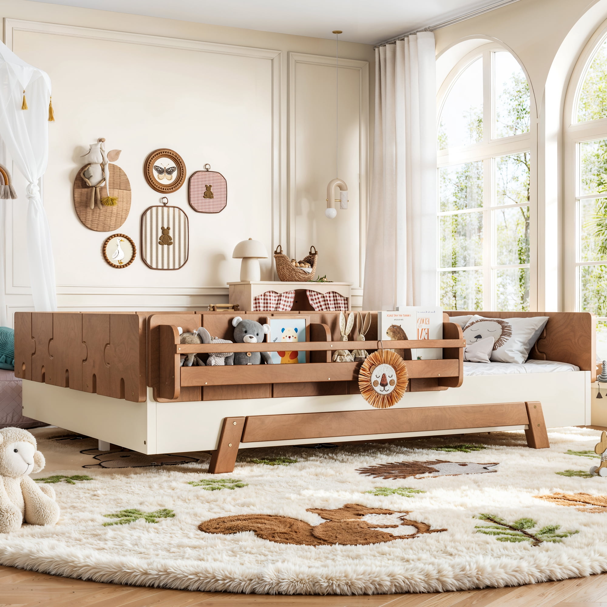 Mintazer Full Size Montessori Floor Bed Frame, Kids Puzzle Block Design Platform Bed with Guardrails & Bookshelf for Bedroom, Brown & Beige