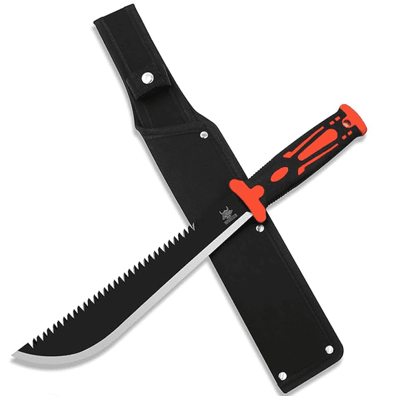 16.5" Machete with Saw Back, Carbon Steel Blade with Non-Slip Handle and Sheath, Ideal for Bushcraft, Hiking, and Garden Clearing