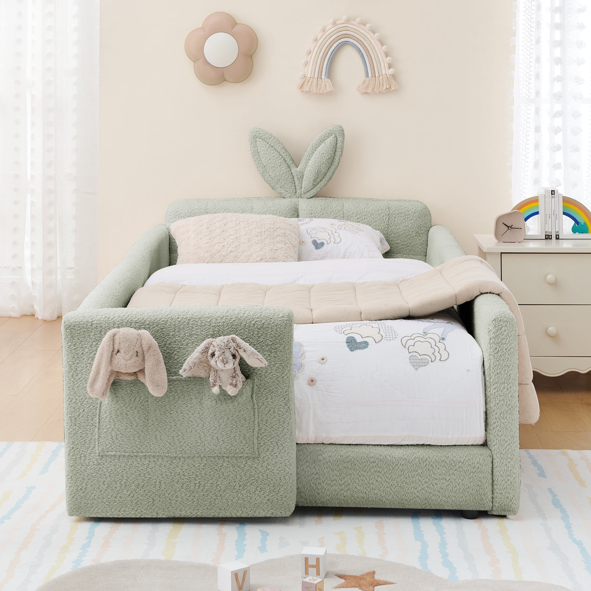 PORKISS Twin Bed Frames for Kids, Boucle Upholstered Platform Bed Frame with Safety Rails, Cute Bunny Ear Cartoon Bed with Storage Pocket, Cyan