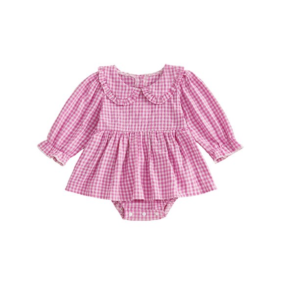 RUINIXCW Newborn Baby Girl Spring Fall Outfit Pink Gingham Plaid Romper Dress Long Sleeve Doll Collar Bubble Bodysuit Ddress Cute Infant Fall Clothes