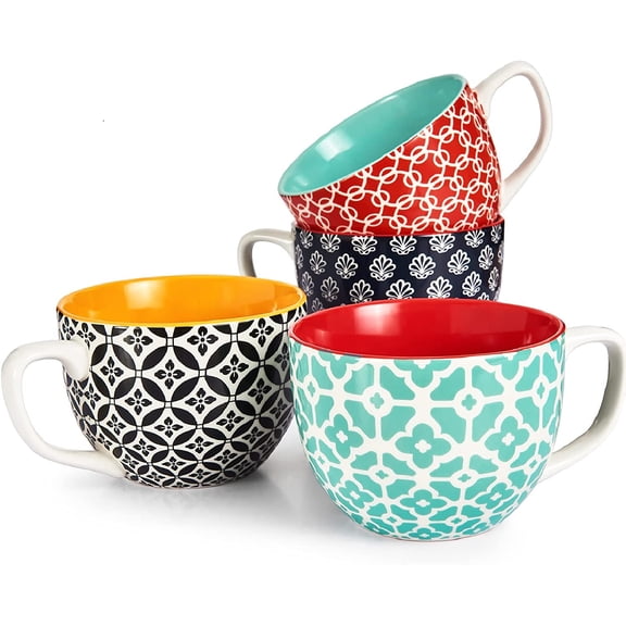 Large Ceramic Mugs Set of 4, 24 oz Jumbo Cups for Coffee, Soup & Latte – Housewarming & Wedding Gift, Vibrant Colors