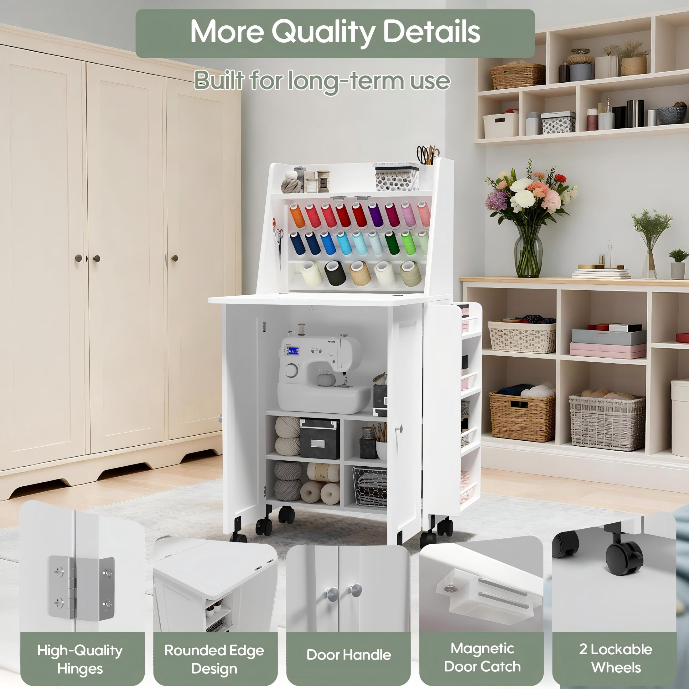 WARAYZ  Sewing Table & Storage Cabinet, Built-in Power Outlets, Spool Racks, Mobile Craft Desk with Lockable Wheels for Small Spaces, White