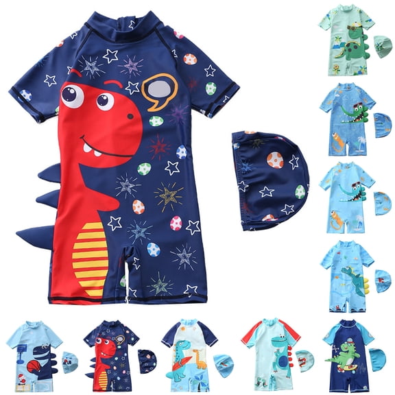Boys Swim Shirt Toddler Boy Marine Animal Print Sun One-Piece Swimsuit with Swim Cap Rash Guard Long Sleeve Bathing Suit Kids Swimsuits One-Piece Swimsuit Boy with Zip swimming (Blue,L)