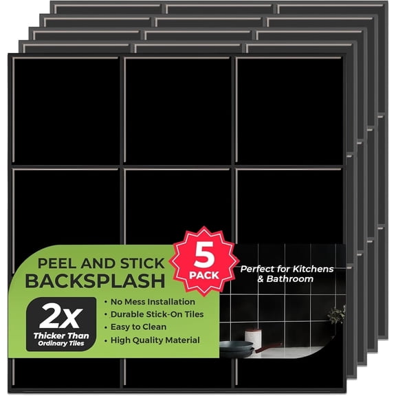 Select 5 Pack Peel and Stick Backsplash Square Tiles, Extra Thick 3D Wall Panels, Heat & Water Resistant, Easy DIY Kitchen, Bathroom, Laundry, Fireplace & Rental Home Wall Décor (12 x 12 in), Black