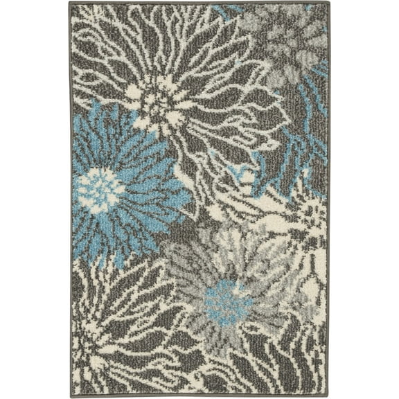 2â€™ x 3â€™ Charcoal and Blue Big Flower Scatter Rug