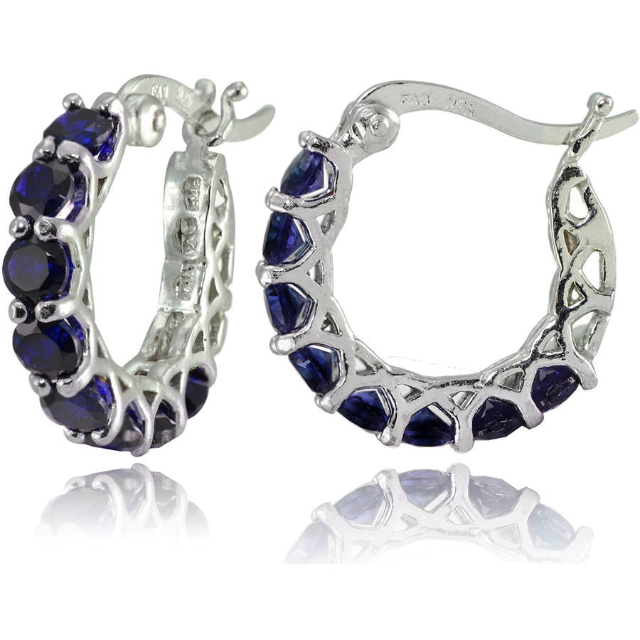 Created Sapphire Sterling Silver Small Round Huggie Hoop Earrings
