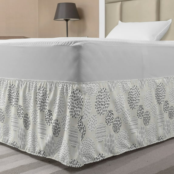 Geometric Bed Skirt, Abstract Circles Inner Hearts Zigzags Ovals Spirals Neutral Design, Elastic Bedskirt Dust Ruffle Wrap Around for Bedding Decor, 4 Sizes, Charcoal Grey Eggshell, by Ambesonne
