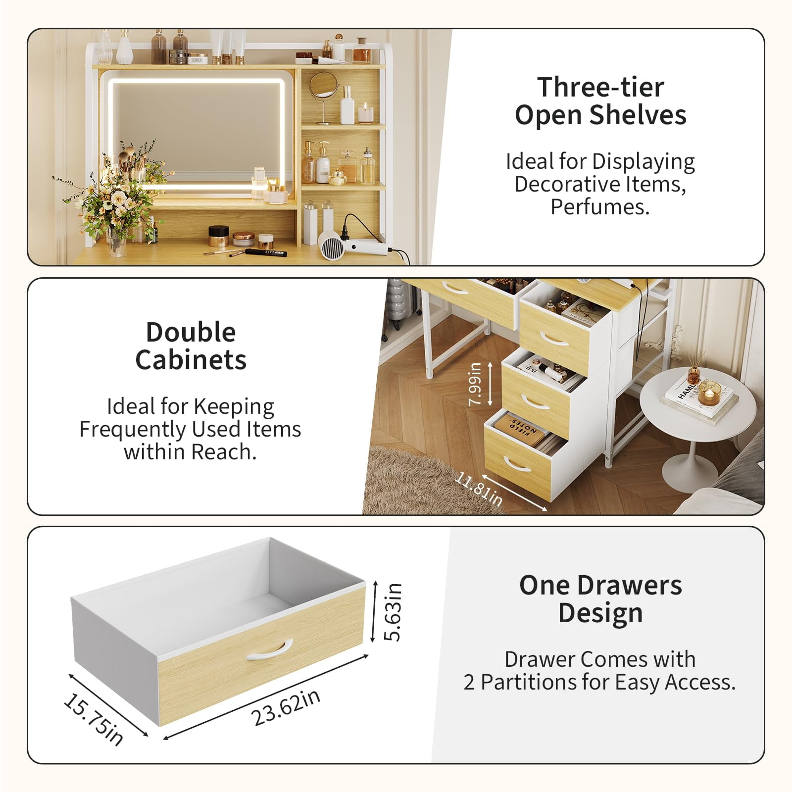 Kicctian Modern Makeup Vanity Set with Mirror - Dressing Table Featuring 4 Fabric Drawers & Shelves, Bedroom Furniture Gift for Women,Wood Color