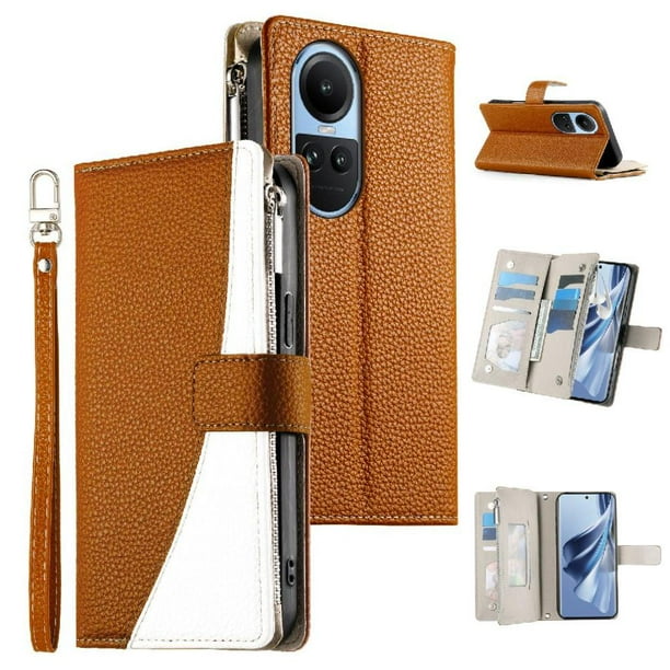 Funda cartera GANGXUN para OPPO Reno 10 5G , cuero PU con tarjetero, cremallera, correa de mano, soporte y protección 590°