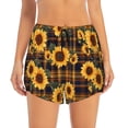 2 in 1 Running Shorts for Women, Brown Blue Plaid Sunflower High