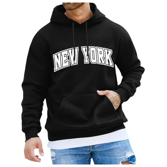 CONFREE Mens Hoodie City Letter Prints Hoodies For Men Graphic Long Sleeve Casual Pullover Hooded Sweatshirts With Pockets