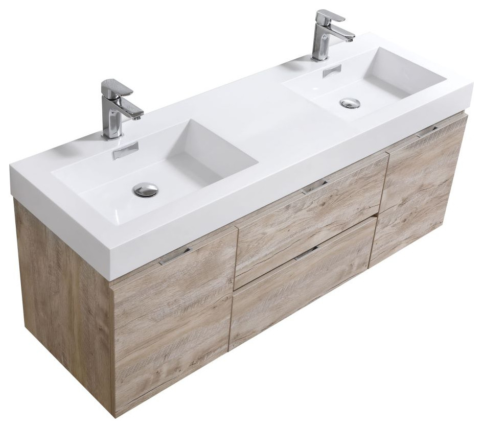 Bliss 60" Double Sink Nature Wood Wall Mount Modern Bathroom Vanity